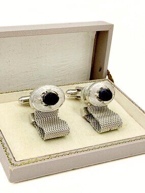 Dante Signed MCM Oval Glass Compass Motif Silver Plated Mesh Cufflinks